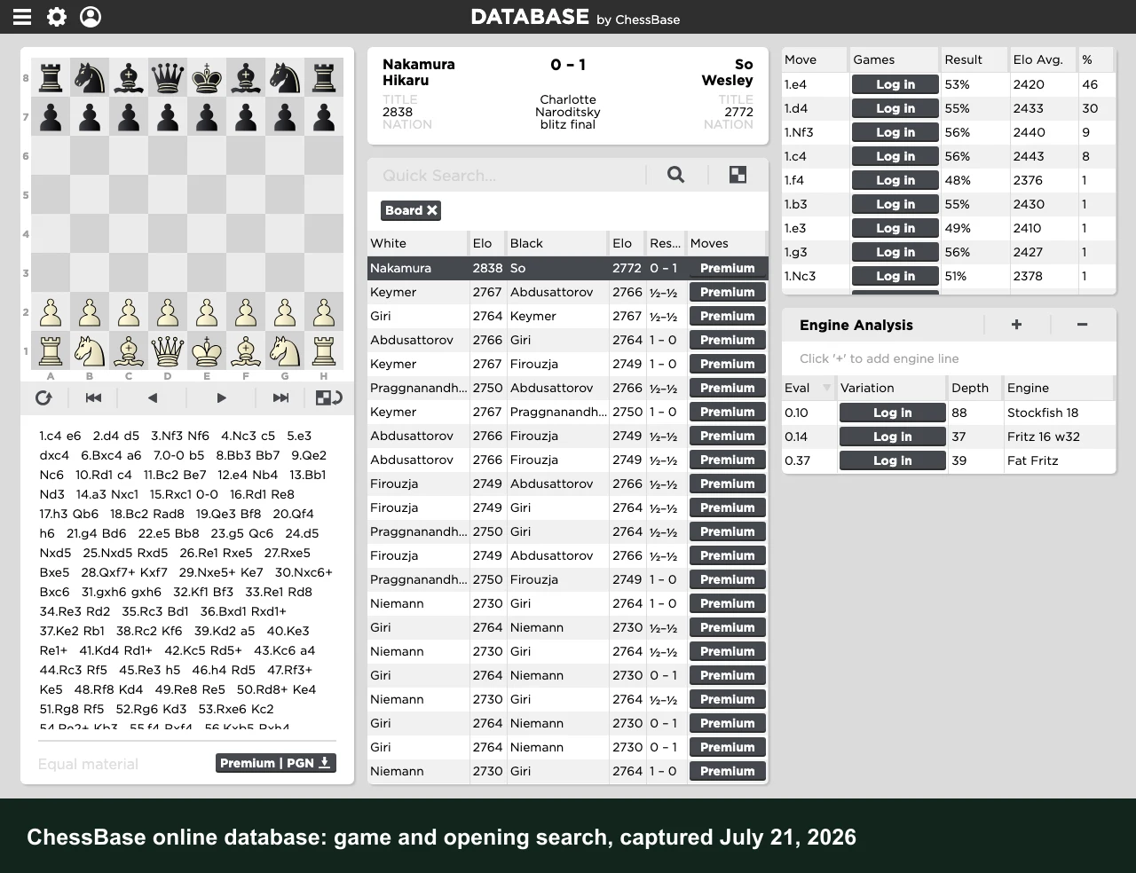 ChessBase 26 database interface showing game search and opening report tools