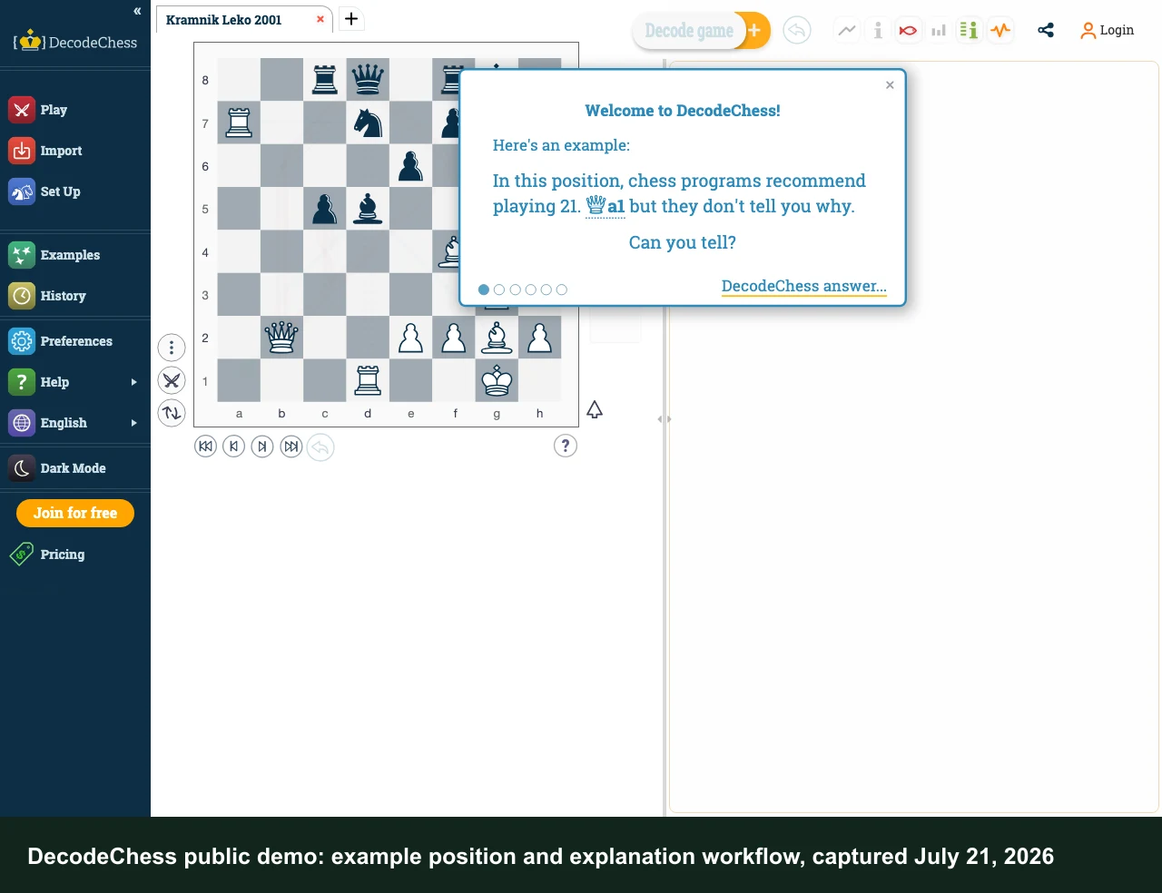 DecodeChess position analysis showing natural language explanation of key moves and threats