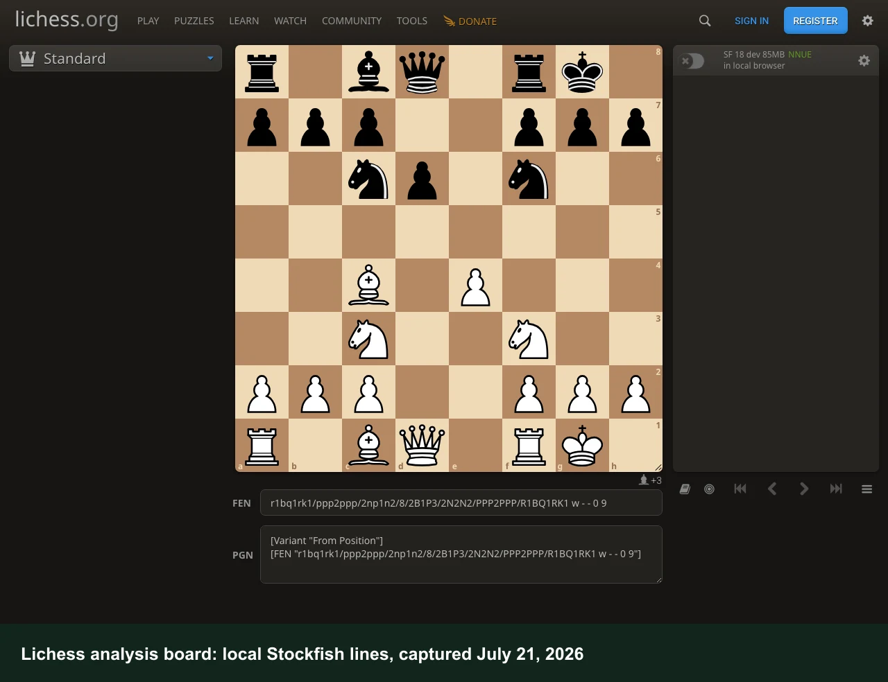 Lichess analysis board showing Stockfish evaluation and best moves for a mid-game position