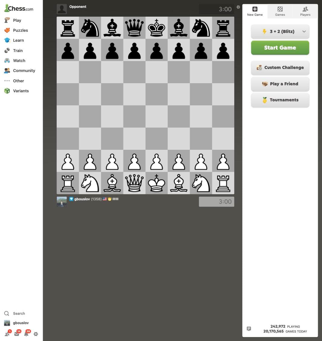 Chess.com logged-in play screen showing the new game panel, time controls, and account navigation for gbouslov